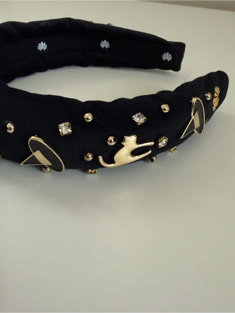 Lele Sadoughi Kids Black Knotted Headband Gold Cat Charms Crystal Studs
